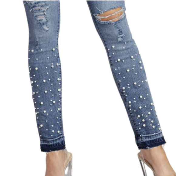 Distressed Jeans Size 4 Skinny Studded Pearls Jeans High Stretch Stonewashed MED - Picture 2 of 6